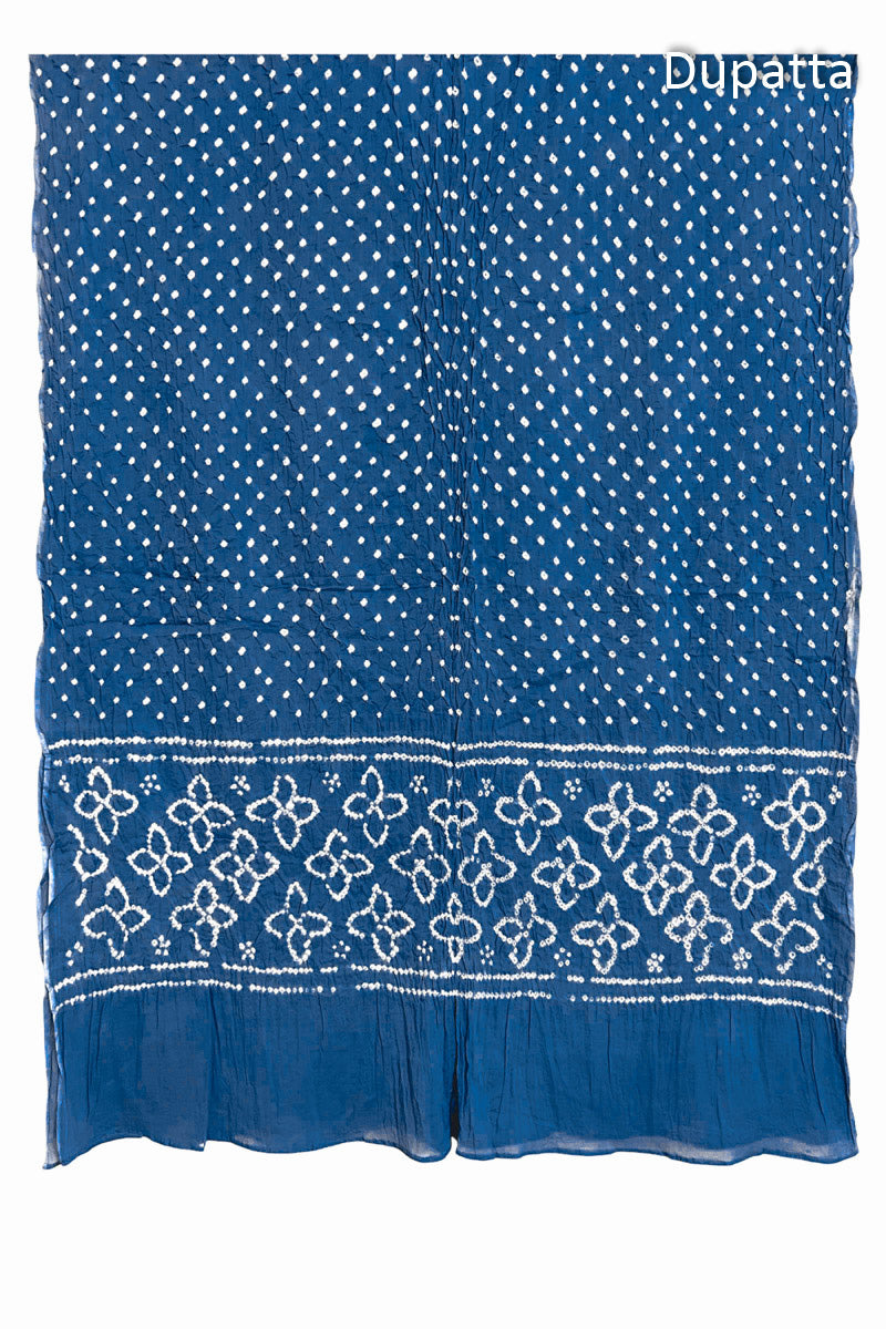 Full view of Indigo Blue Bandhani mulmul cotton dupatta with floral pallu and dotted body pattern.
