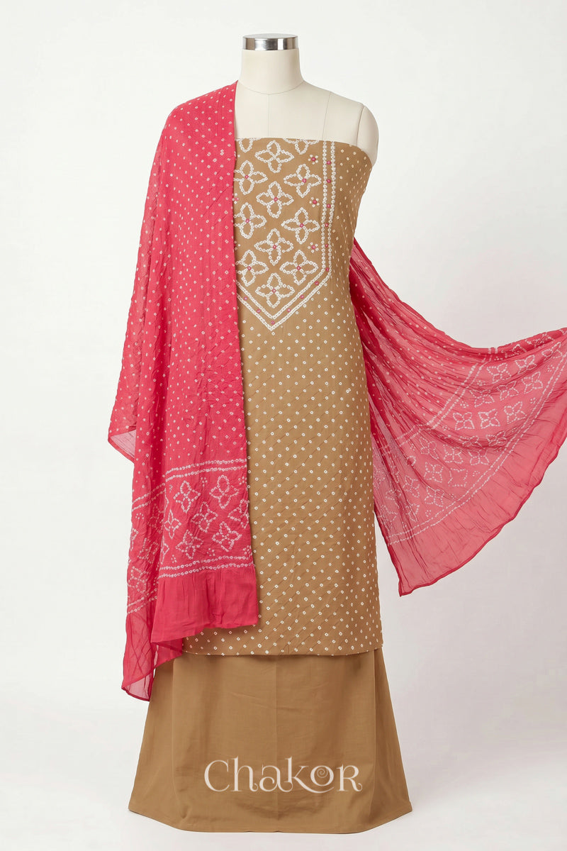 Beige Kutch Bandhani Pure Cotton Unstitched Suit Set - 3 Piece | Mirror Work