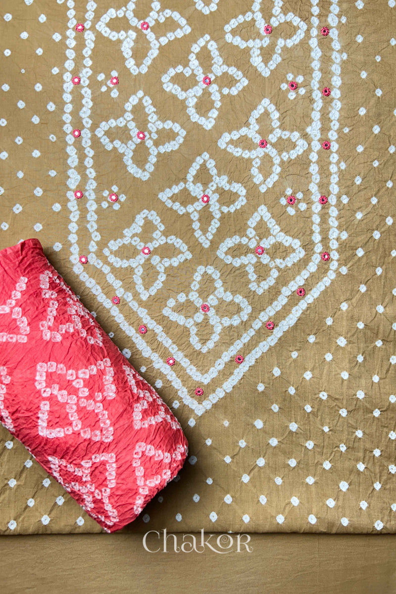 Beige Kutch Bandhani Pure Cotton Unstitched Suit Set - 3 Piece | Mirror Work