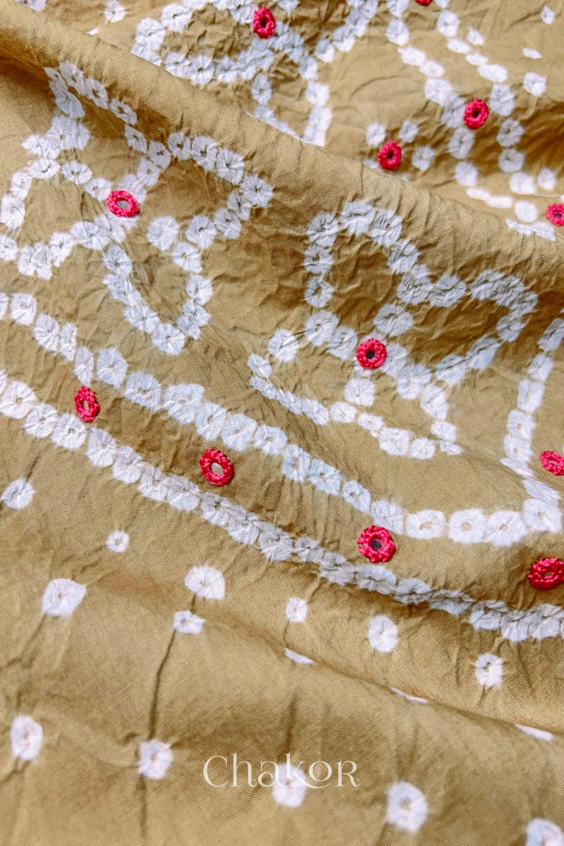 Beige Kutch Bandhani Pure Cotton Unstitched Suit Set - 3 Piece | Mirror Work