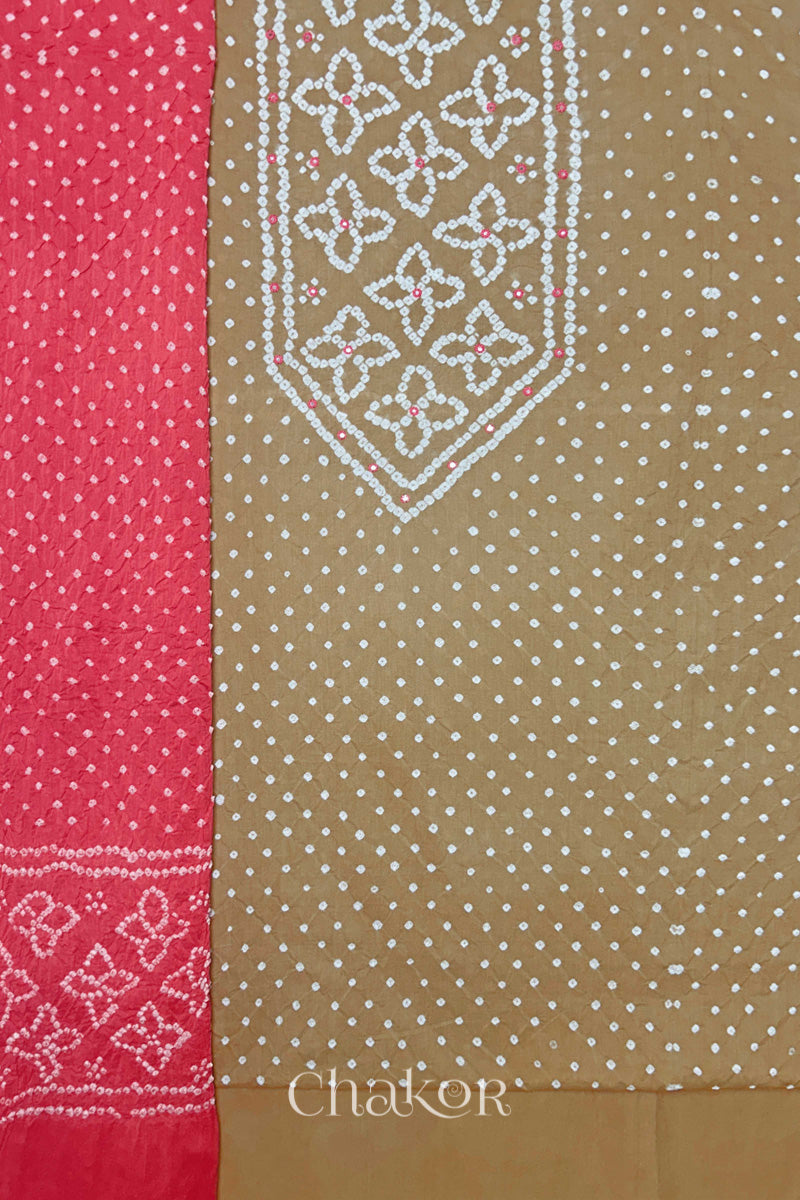 Beige Kutch Bandhani Pure Cotton Unstitched Suit Set - 3 Piece | Mirror Work