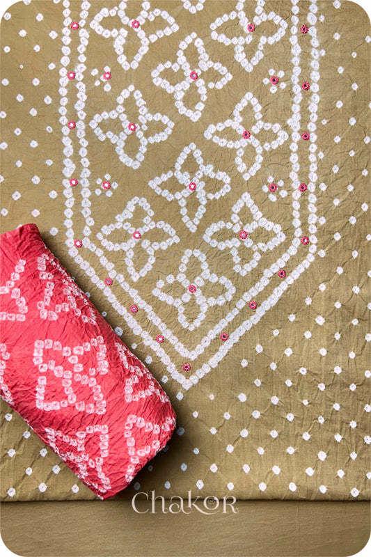 Beige Bandhani Cotton Kurta Set Fabric With Dupatta (Set of 3)