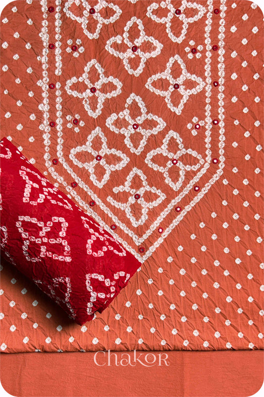 Brick Orange Bandhani Cotton Kurta Set Fabric With Dupatta (Set of 3)