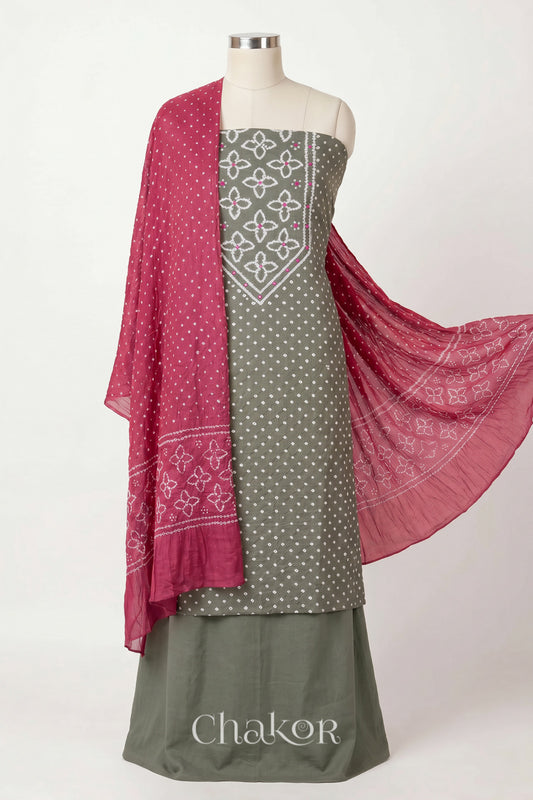 Cement Grey Kutch Bandhani Pure Cotton Unstitched Suit Set - 3 Piece | Mirror Work