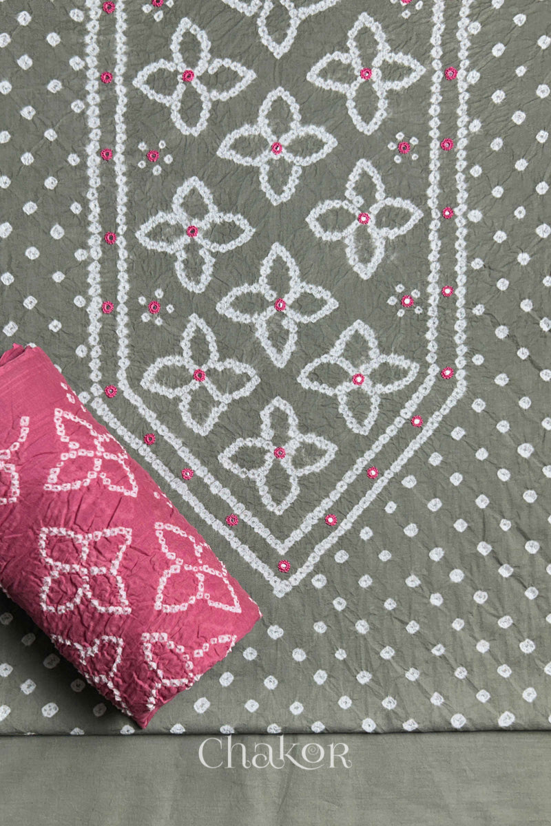 Cement Grey Kutch Bandhani Pure Cotton Unstitched Suit Set - 3 Piece | Mirror Work