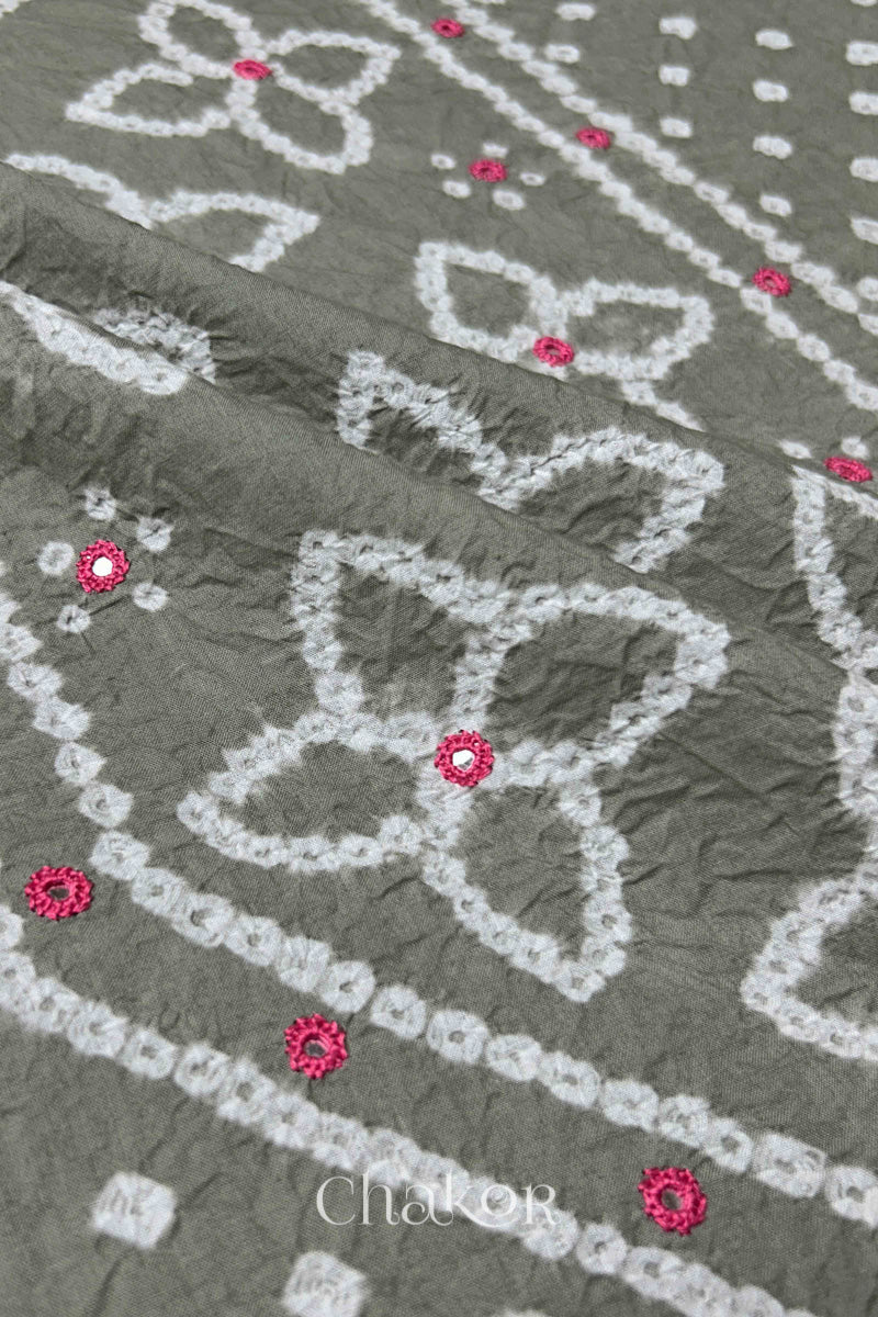 Cement Grey Kutch Bandhani Pure Cotton Unstitched Suit Set - 3 Piece | Mirror Work