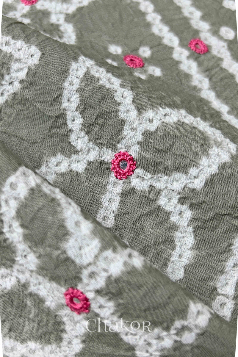 Cement Grey Kutch Bandhani Pure Cotton Unstitched Suit Set - 3 Piece | Mirror Work