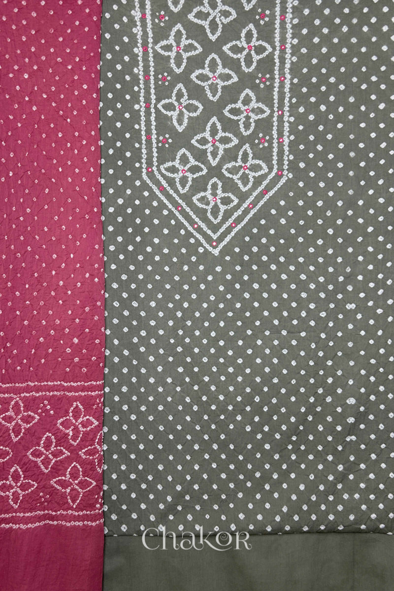 Cement Grey Kutch Bandhani Pure Cotton Unstitched Suit Set - 3 Piece | Mirror Work