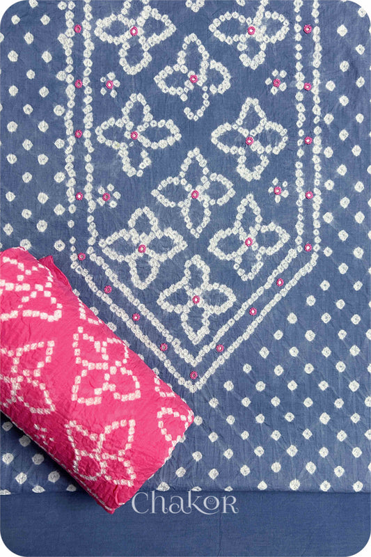 Blue Grey Bandhani Cotton Kurta Set Fabric With Dupatta (Set of 3)