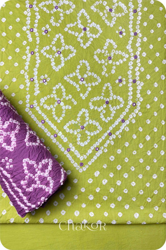 Lime Green Bandhani Cotton Kurta Set Fabric With Dupatta (Set of 3)