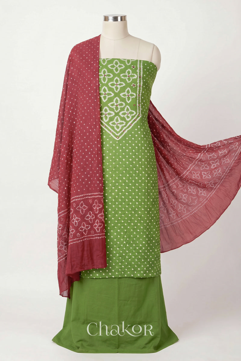 Olive Green Kutch Bandhani Pure Cotton Unstitched Suit Set - 3 Piece | Mirror Work