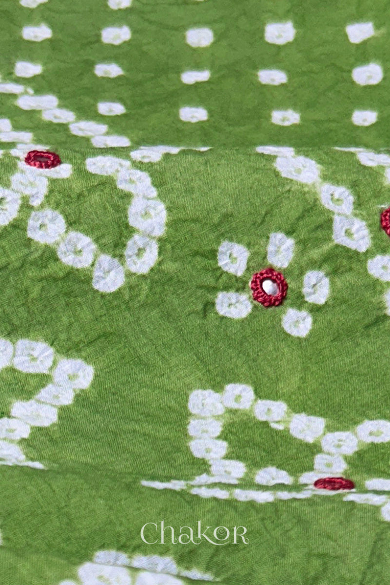 Olive Green Kutch Bandhani Pure Cotton Unstitched Suit Set - 3 Piece | Mirror Work