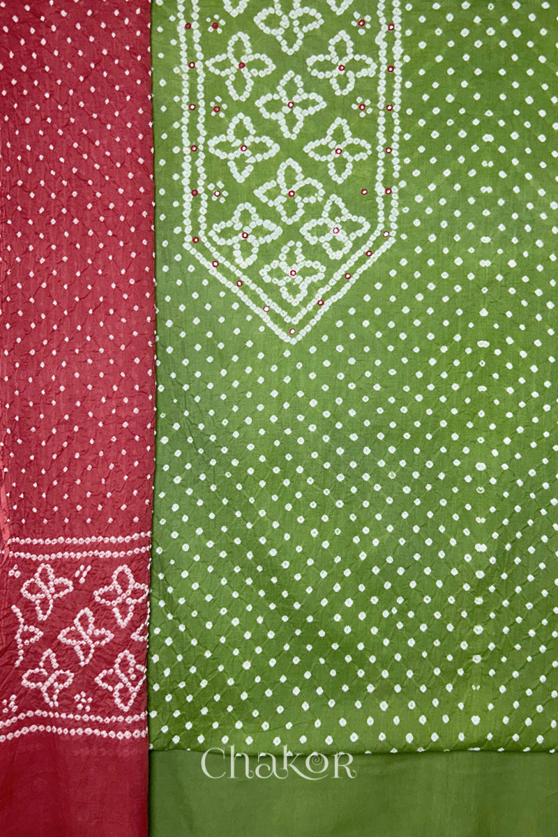 Olive Green Kutch Bandhani Pure Cotton Unstitched Suit Set - 3 Piece | Mirror Work