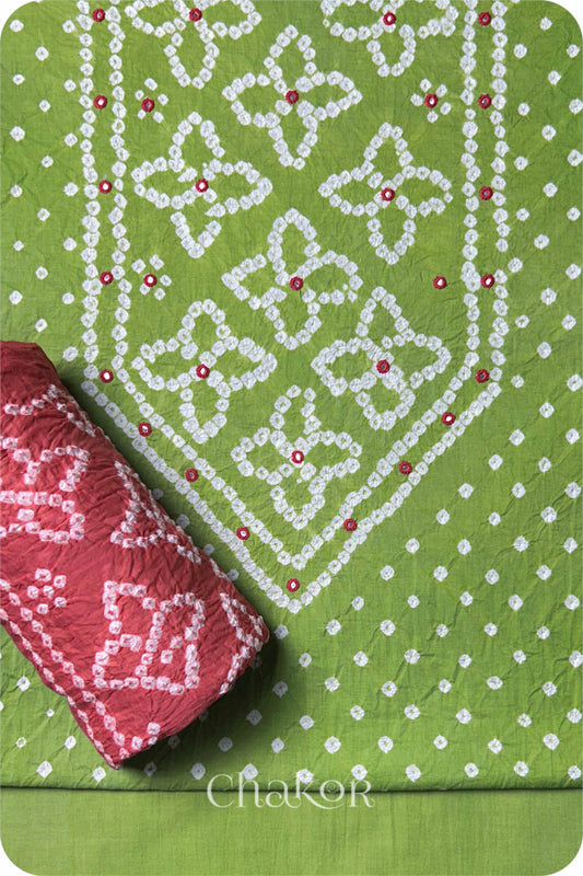 Olive Green Bandhani Cotton Kurta Set Fabric With Dupatta (Set of 3)