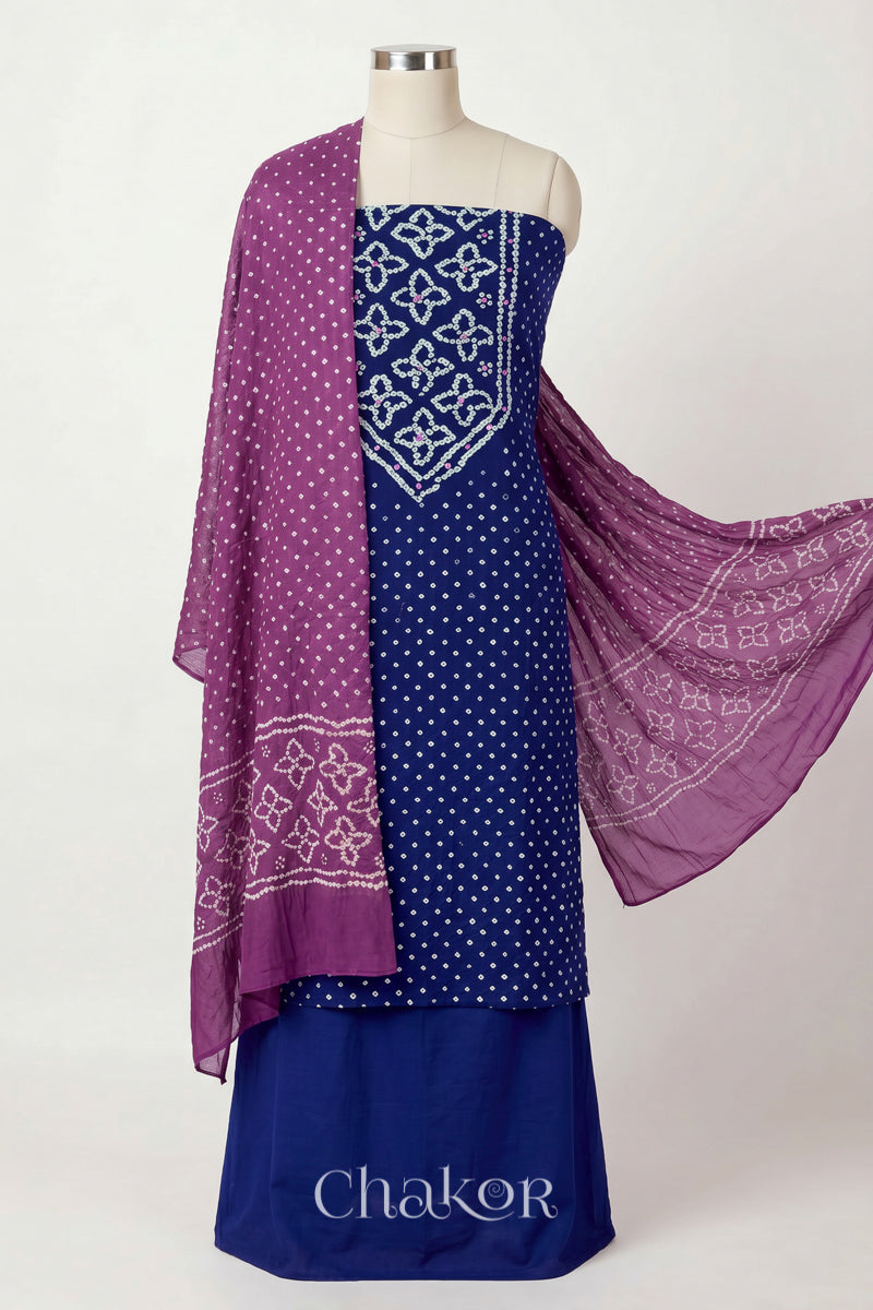 Navy Blue Kutch Bandhani Pure Cotton Unstitched Suit Set - 3 Piece | Mirror Work