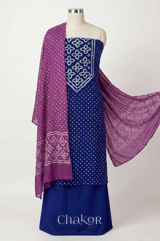 Navy Blue Bandhani Cotton Kurta Set Fabric With Dupatta (Set of 3)