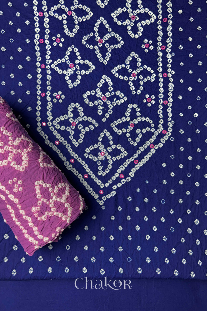 Navy Blue Kutch Bandhani Pure Cotton Unstitched Suit Set - 3 Piece | Mirror Work