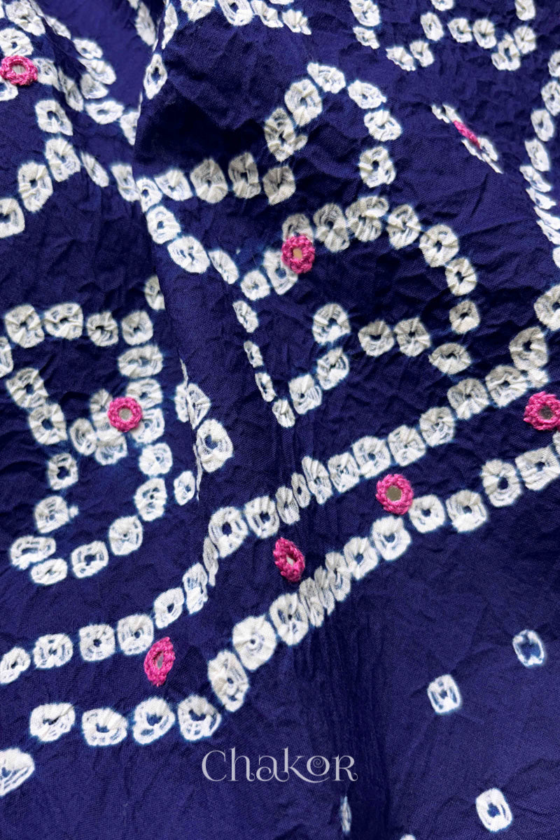 Navy Blue Kutch Bandhani Pure Cotton Unstitched Suit Set - 3 Piece | Mirror Work