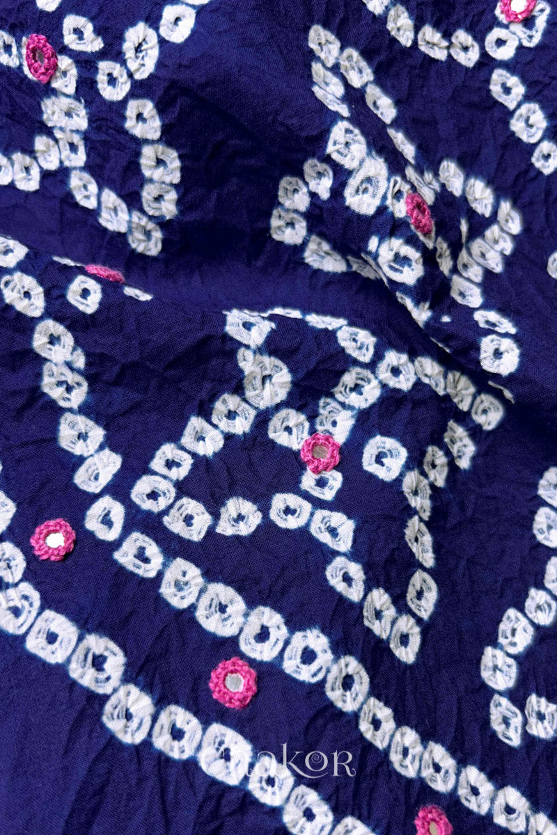 Navy Blue Kutch Bandhani Pure Cotton Unstitched Suit Set - 3 Piece | Mirror Work