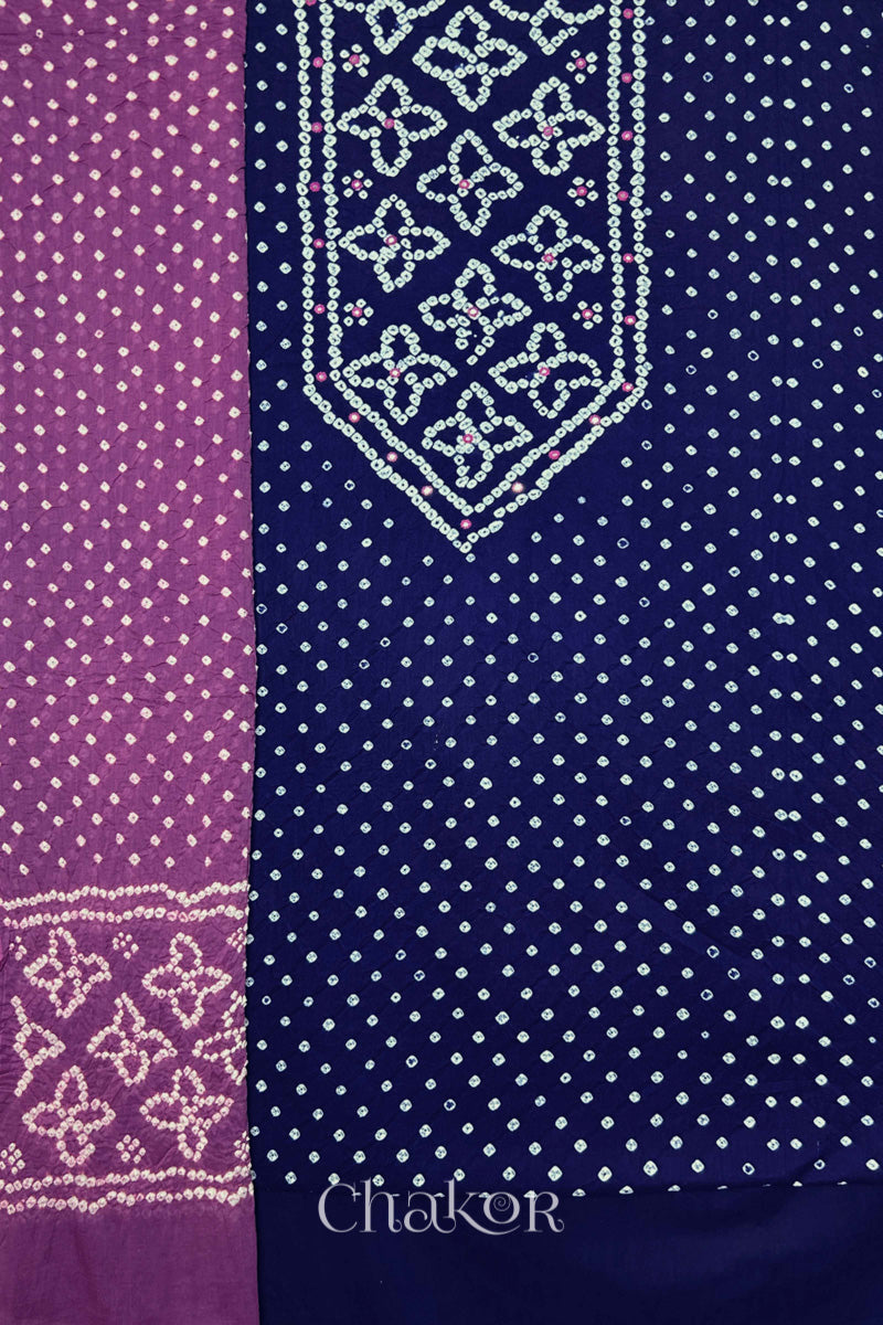 Navy Blue Kutch Bandhani Pure Cotton Unstitched Suit Set - 3 Piece | Mirror Work