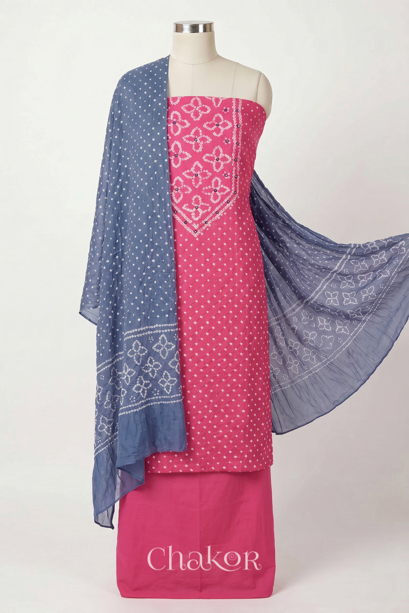 Pink Kutch Bandhani Pure Cotton Unstitched Suit Set - 3 Piece | Mirror Work