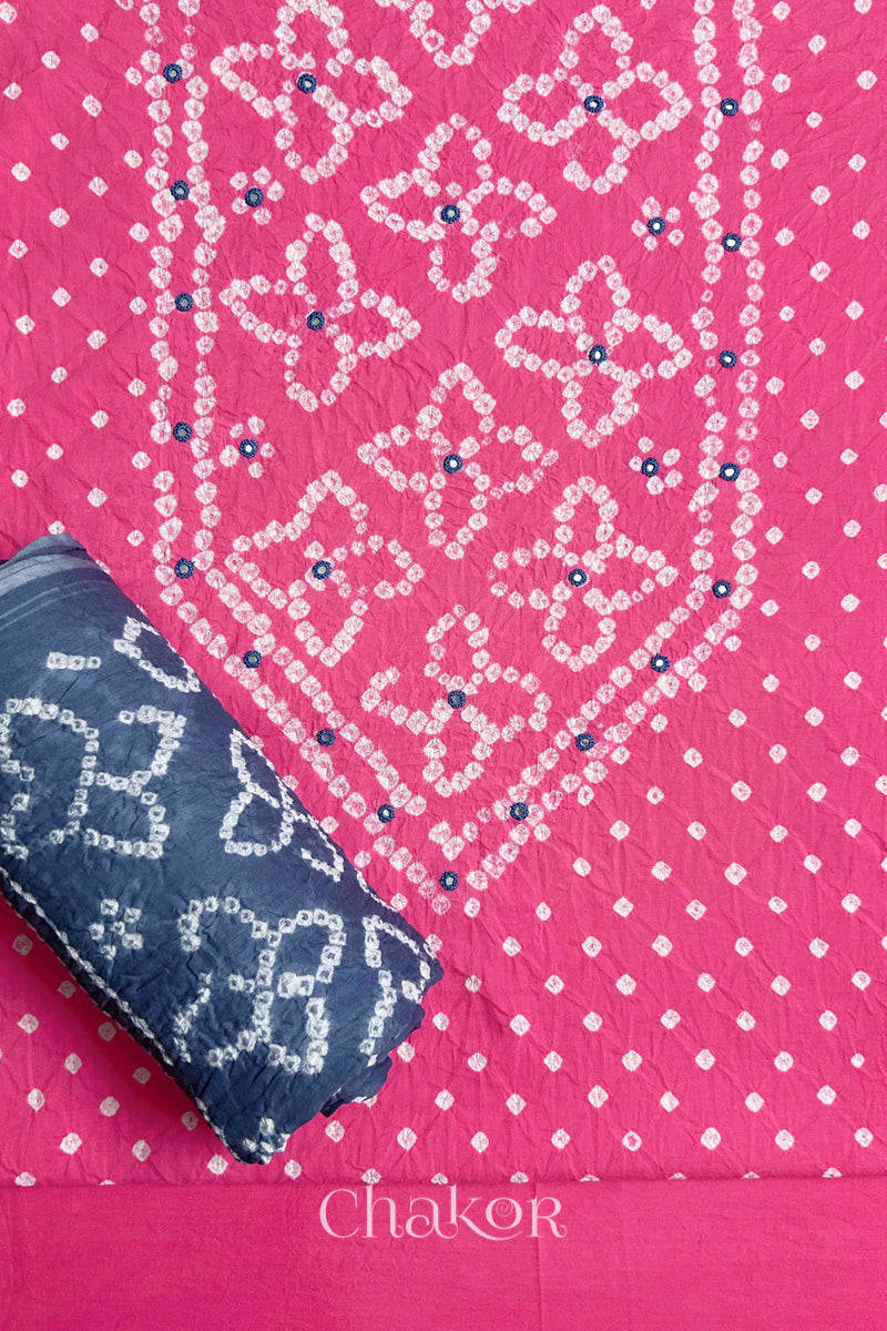 Pink Kutch Bandhani Pure Cotton Unstitched Suit Set - 3 Piece | Mirror Work