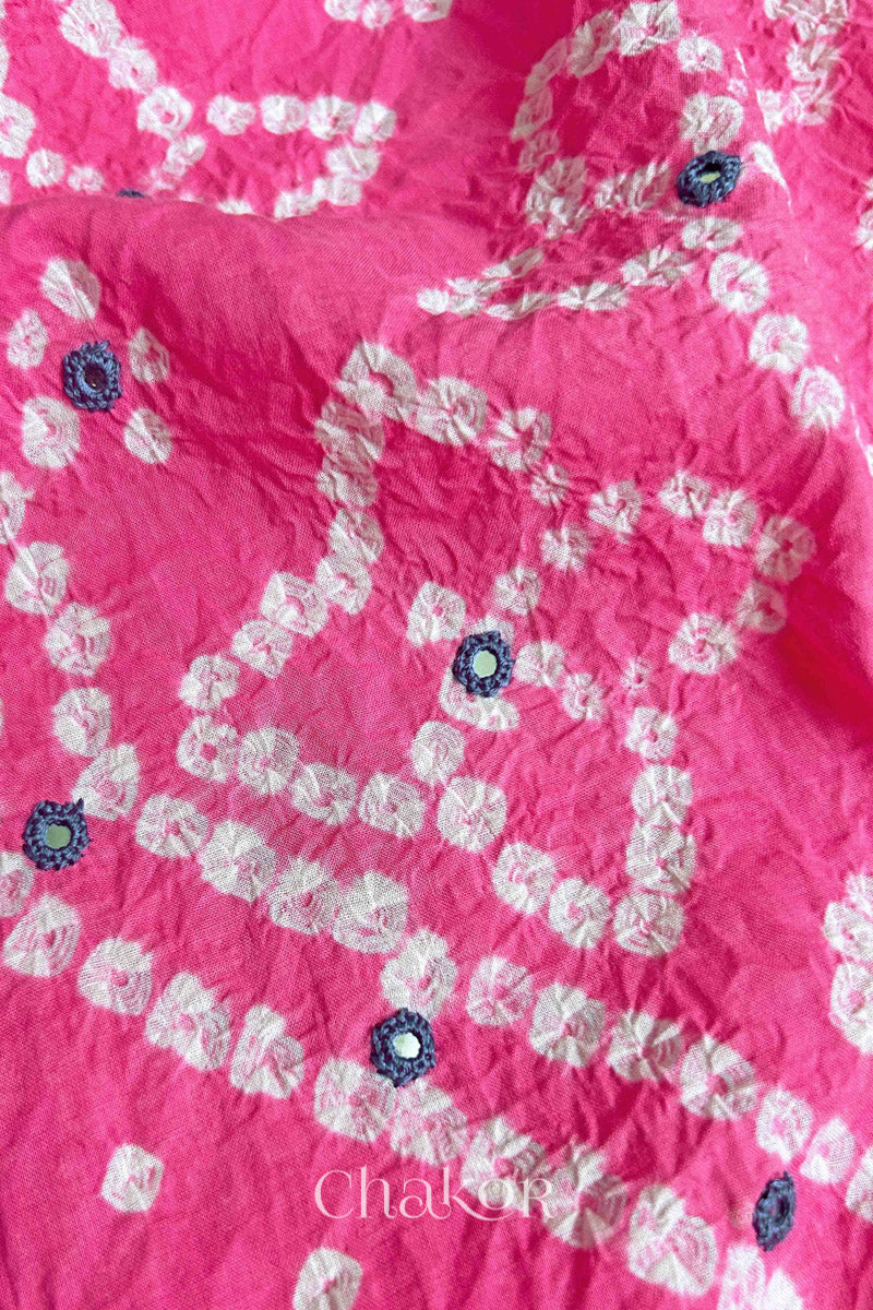 Pink Kutch Bandhani Pure Cotton Unstitched Suit Set - 3 Piece | Mirror Work