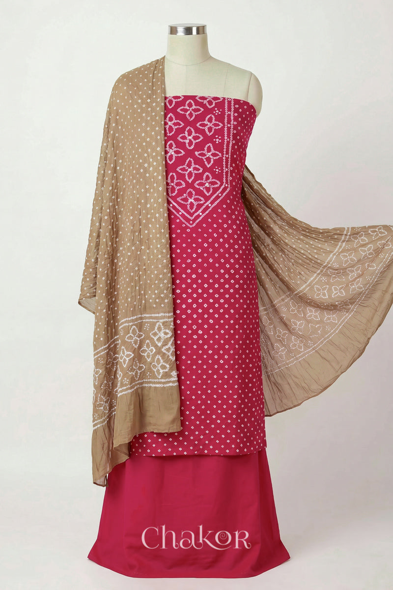 Strawberry Pink Kutch Bandhani Pure Cotton Unstitched Suit Set - 3 Piece | Mirror Work