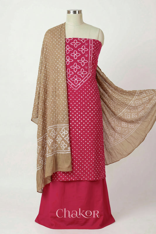 Strawberry Pink Kutch Bandhani Pure Cotton Unstitched Suit Set - 3 Piece | Mirror Work
