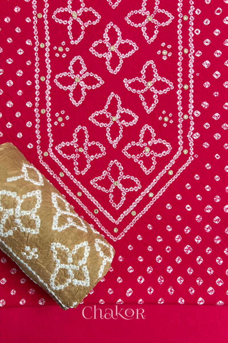 Strawberry Pink Kutch Bandhani Pure Cotton Unstitched Suit Set - 3 Piece | Mirror Work