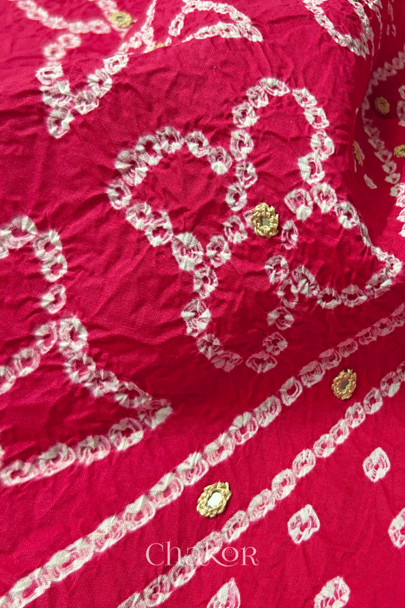 Strawberry Pink Kutch Bandhani Pure Cotton Unstitched Suit Set - 3 Piece | Mirror Work