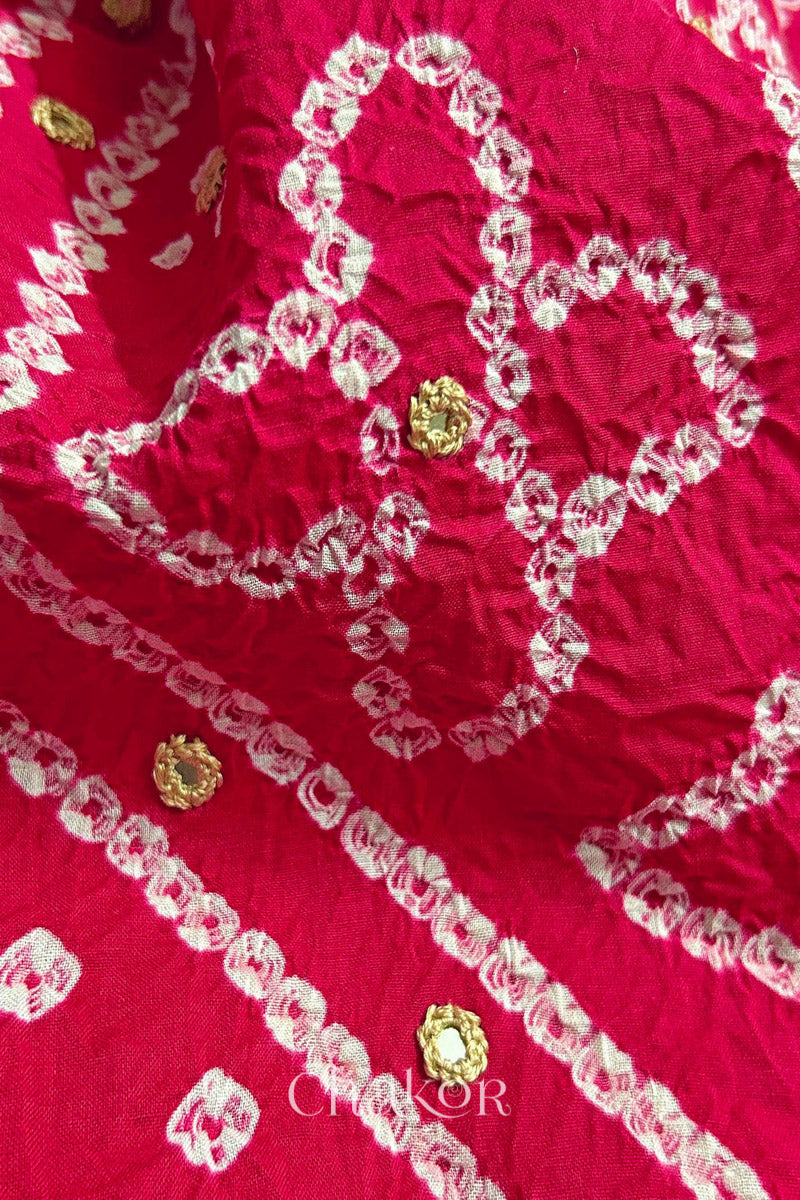 Strawberry Pink Kutch Bandhani Pure Cotton Unstitched Suit Set - 3 Piece | Mirror Work