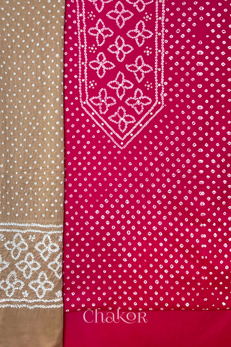 Strawberry Pink Kutch Bandhani Pure Cotton Unstitched Suit Set - 3 Piece | Mirror Work