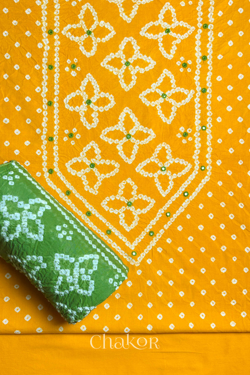 Yellow Kutch Bandhani Pure Cotton Unstitched Suit Set - 3 Piece | Mirror Work