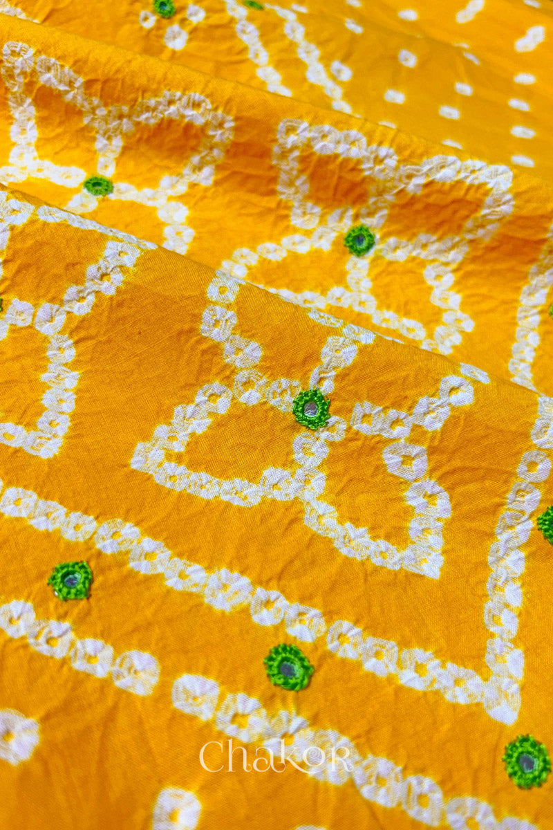 Yellow Kutch Bandhani Pure Cotton Unstitched Suit Set - 3 Piece | Mirror Work
