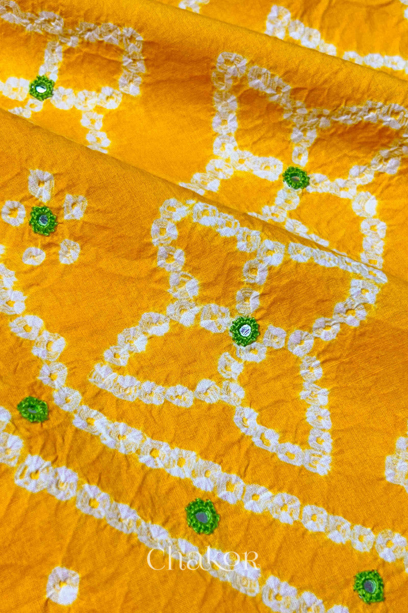 Yellow Kutch Bandhani Pure Cotton Unstitched Suit Set - 3 Piece | Mirror Work
