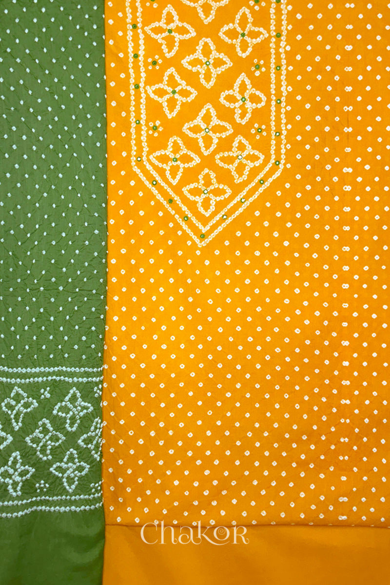 Yellow Kutch Bandhani Pure Cotton Unstitched Suit Set - 3 Piece | Mirror Work