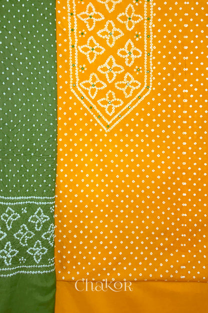 Yellow Bandhani cotton kurta fabric with matching bottom and Green Bandhani dupatta.
