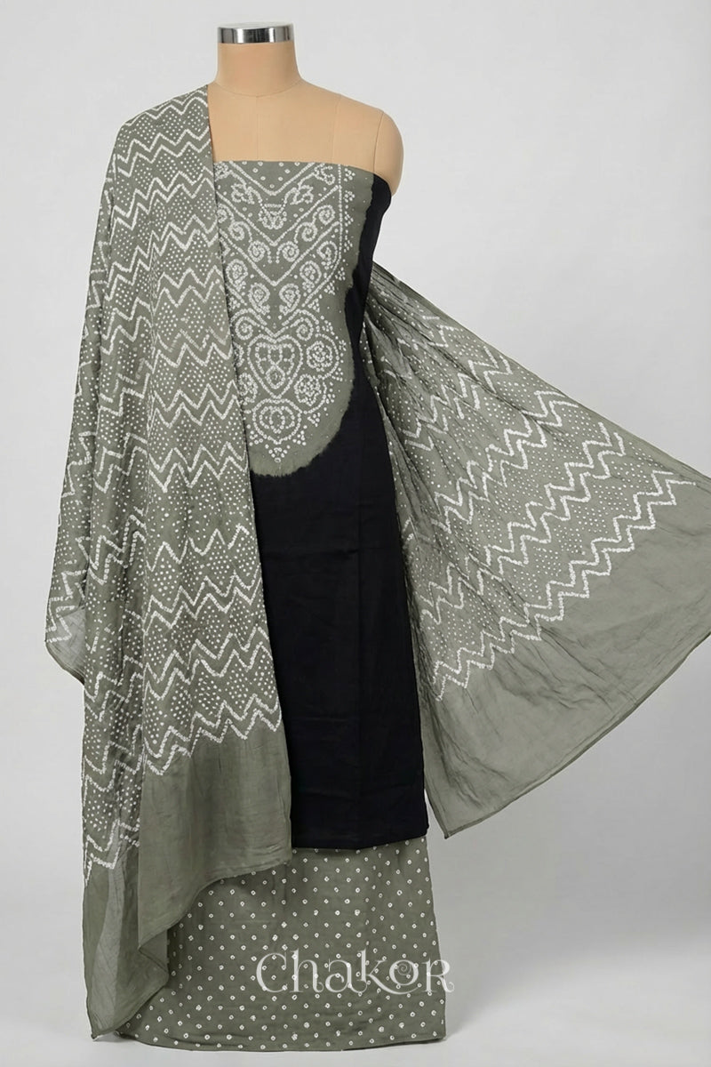Black Cement Grey Bandhani Mukaish Embroidered Cotton Kurta Fabric with Dupatta (Set of 3) draped on a mannequin.