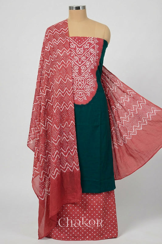 Dark Green Dusty Red Bandhani Mukaish Embroidered Cotton Kurta Fabric with Dupatta (Set of 3) draped on a mannequin.