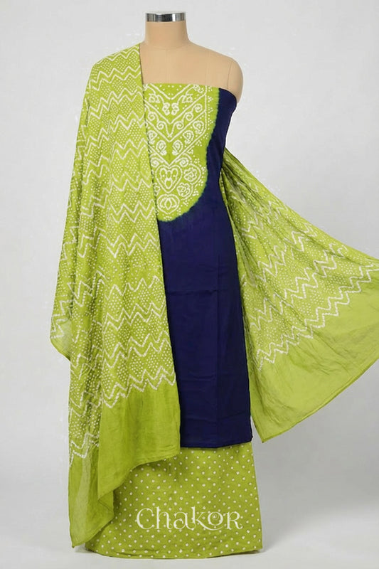 Navy Lime Green Bandhani Mukaish Embroidered Cotton Kurta Fabric with Dupatta (Set of 3) draped on a mannequin.
