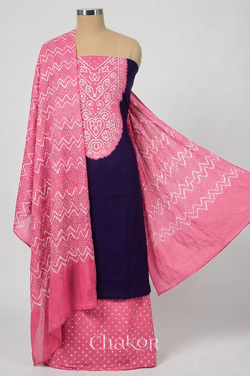 Purple Pink Bandhani Mukaish Embroidered Cotton Kurta Fabric with Dupatta (Set of 3) draped on a mannequin.