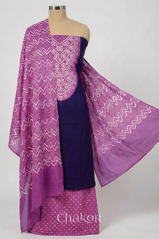 Purple Violet Bandhani Mukaish Embroidered Cotton Kurta Fabric with Dupatta (Set of 3) draped on a mannequin.