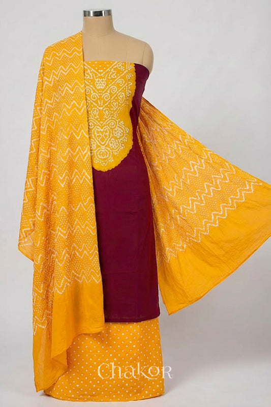 Red Yellow Bandhani Mukaish Embroidered Cotton Kurta Fabric with Dupatta (Set of 3) draped on a mannequin.