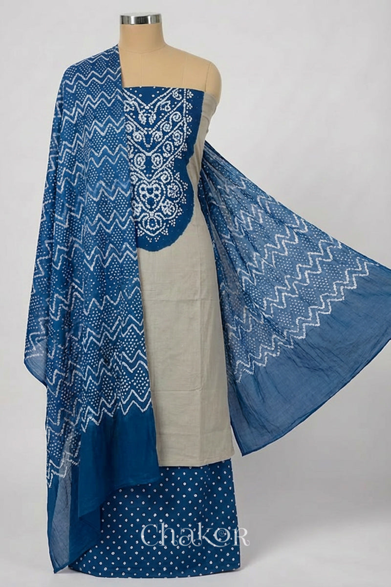 Light Grey Indigo Bandhani Mukaish Embroidered Cotton Kurta Fabric with Dupatta (Set of 3) draped on a mannequin.