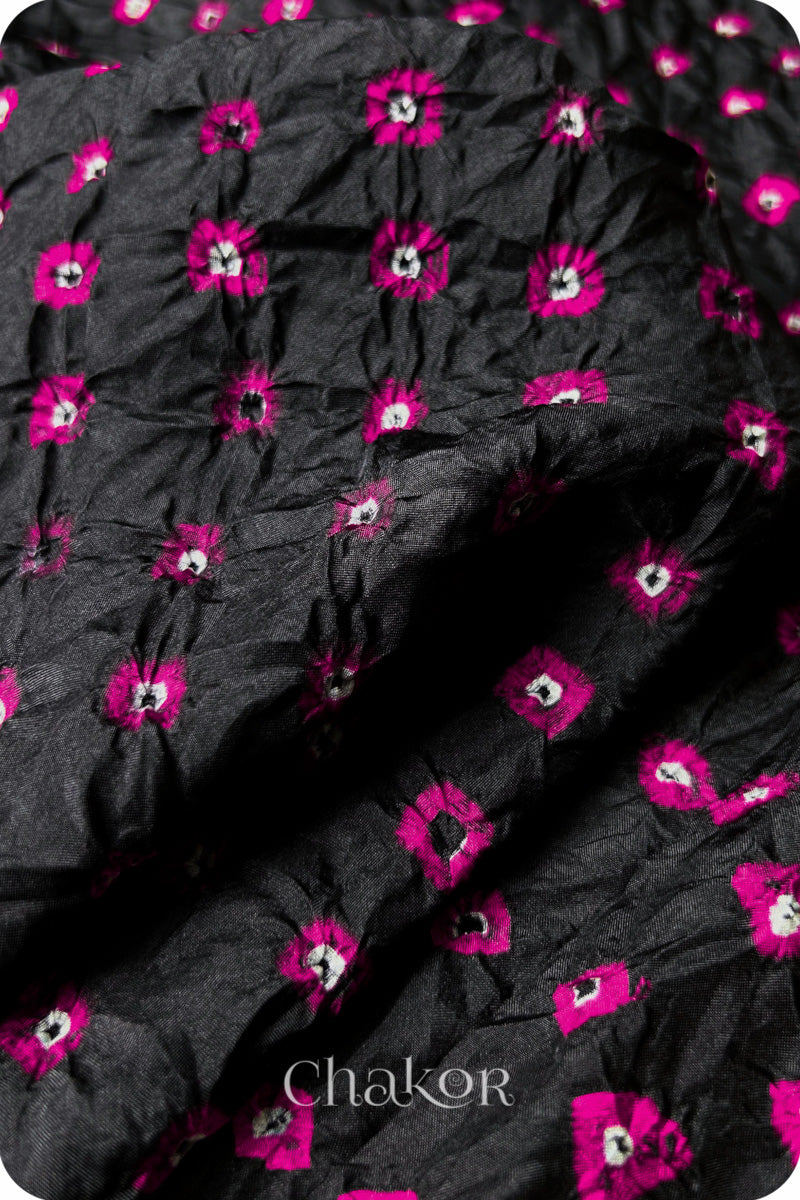 Black Bandhani Mulberry Silk Blouse Fabric