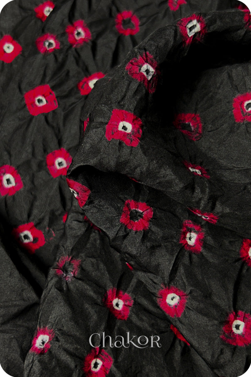 Black Bandhani Mulberry Silk Blouse Fabric