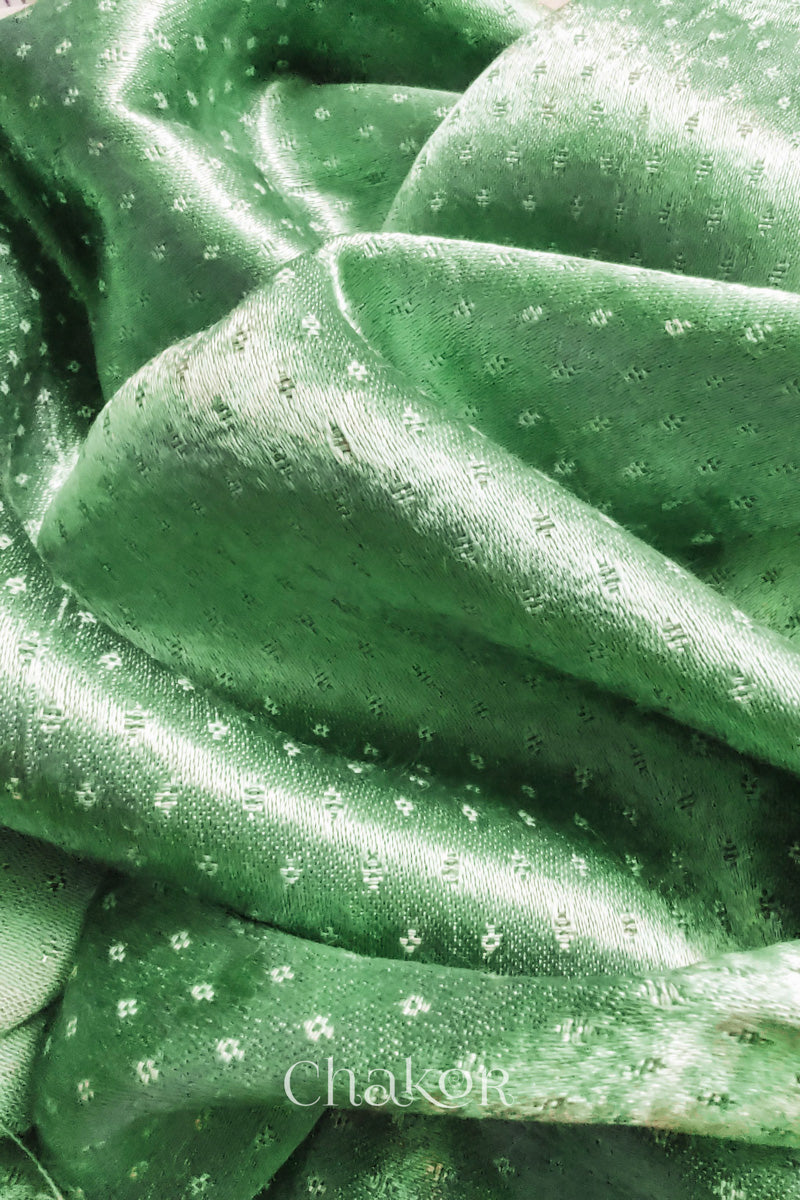 Close-up of pista green mashru self textured fabric with 'Chakor' logo visible.