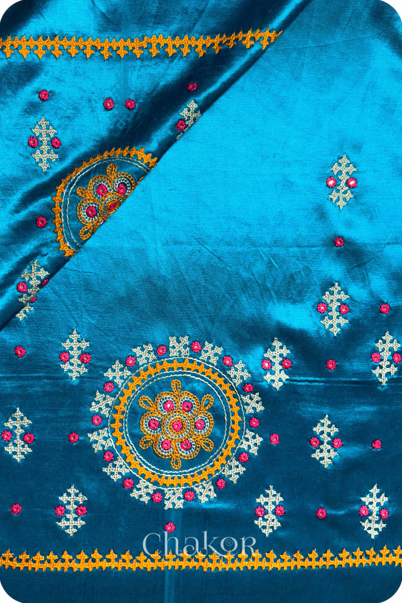 Peacock Blue Mashru Embroidered Blouse Fabric