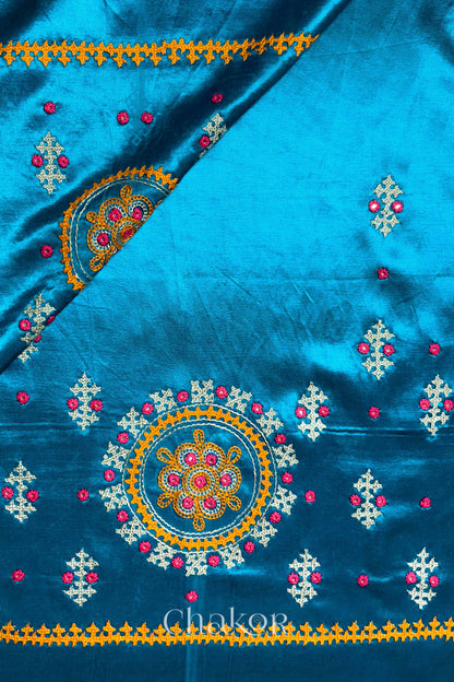 Peacock Blue Mashru Embroidered Blouse Material